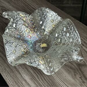Murano Italy Art Glass Ruffle Bowl Iridescent Crystal Centerpiece 9” Vintage